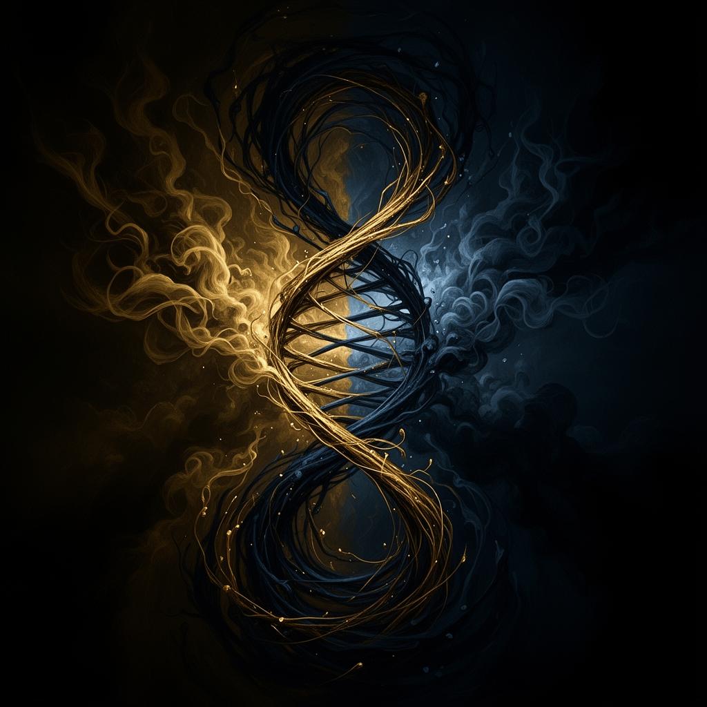 Duas forças opostas espiralando, uma dourada e outra azul-noite